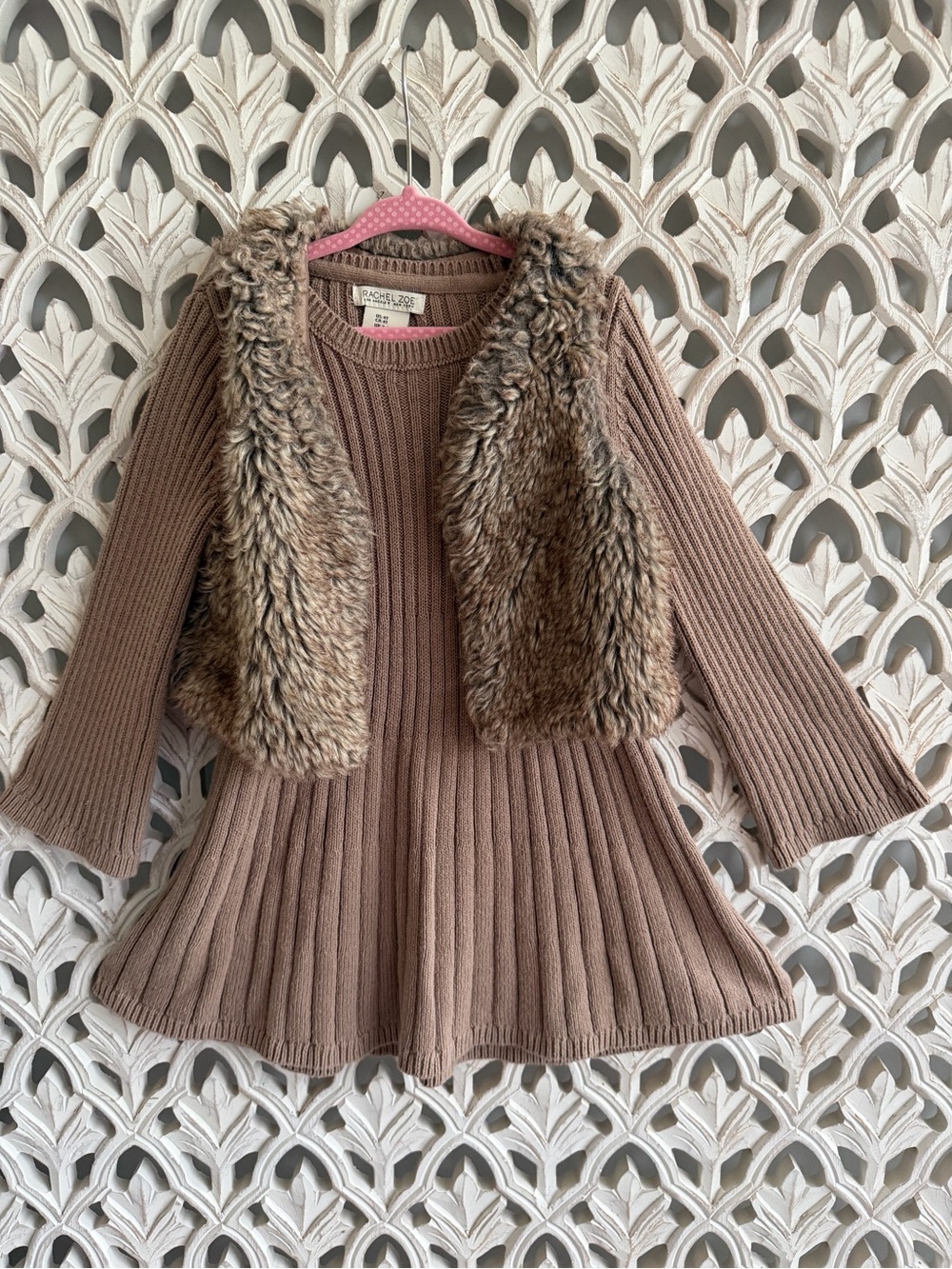 Rachel Zoe Girls 4T Sweater Dress Faux Fur Vest Brown Fall Winter